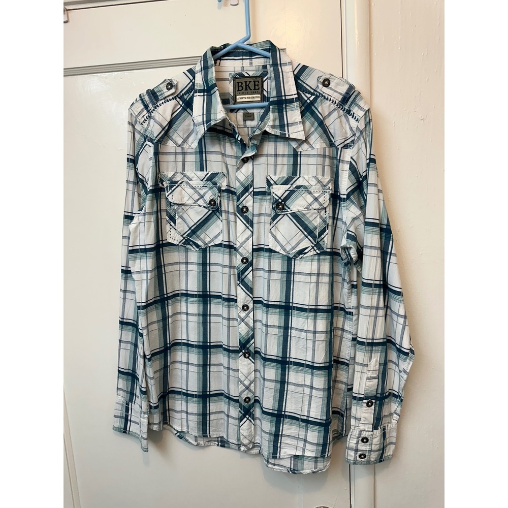 BKE Mens Large Athletic‎ Fit Stretch Plaid Button Down Western Shirt Teal White
